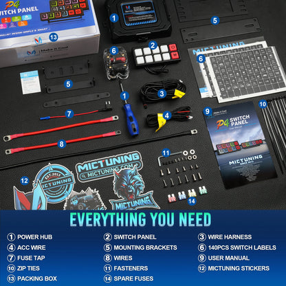 MICTUNING P4-NEON 4/8 Gang Switch Panel,Color-Coded Backlit Silicone Buttons,Universal Circuit Control Relay System Box For Car