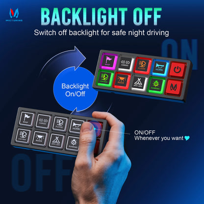 MICTUNING P4-NEON 4/8 Gang Switch Panel,Color-Coded Backlit Silicone Buttons,Universal Circuit Control Relay System Box For Car
