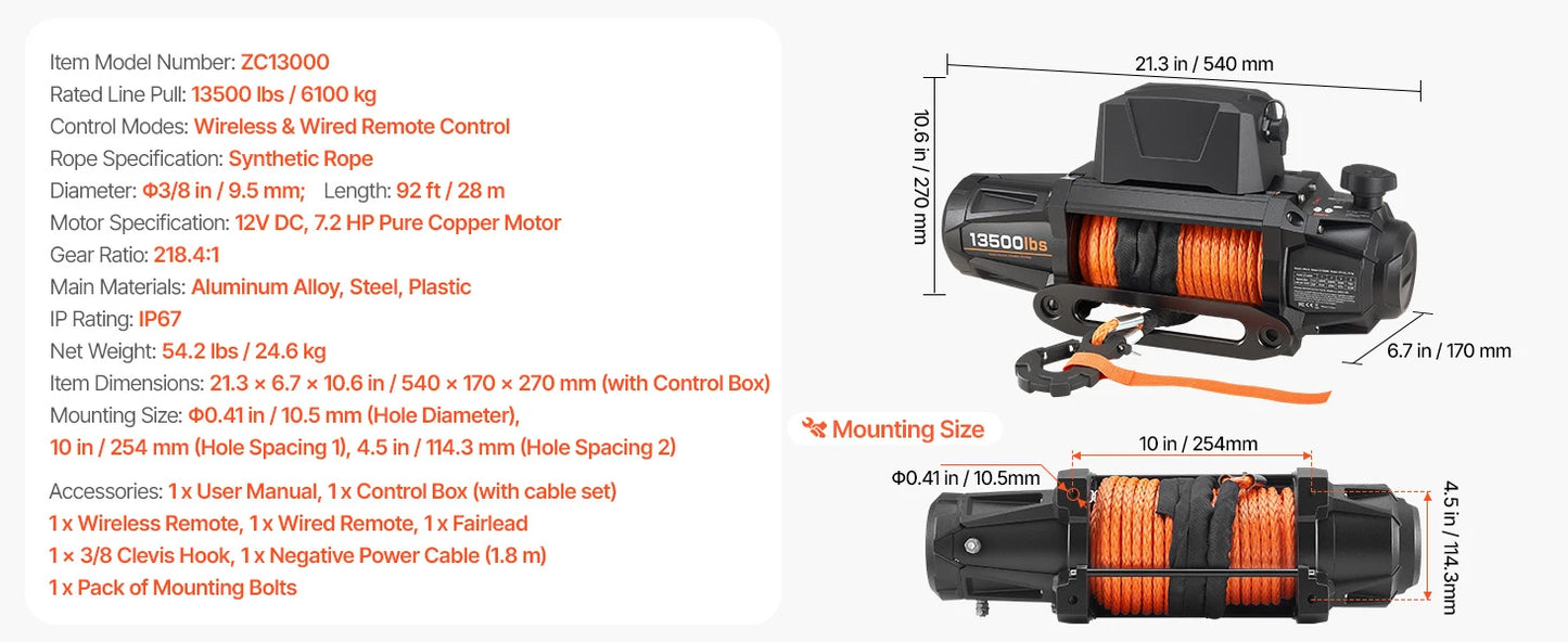 SucceBuy 10000/12000/13500 lbs Electric Winch 12V DC Truck Car Winch with 90 ft Synthetic Rope for Towing Off-Road SUV Jeep