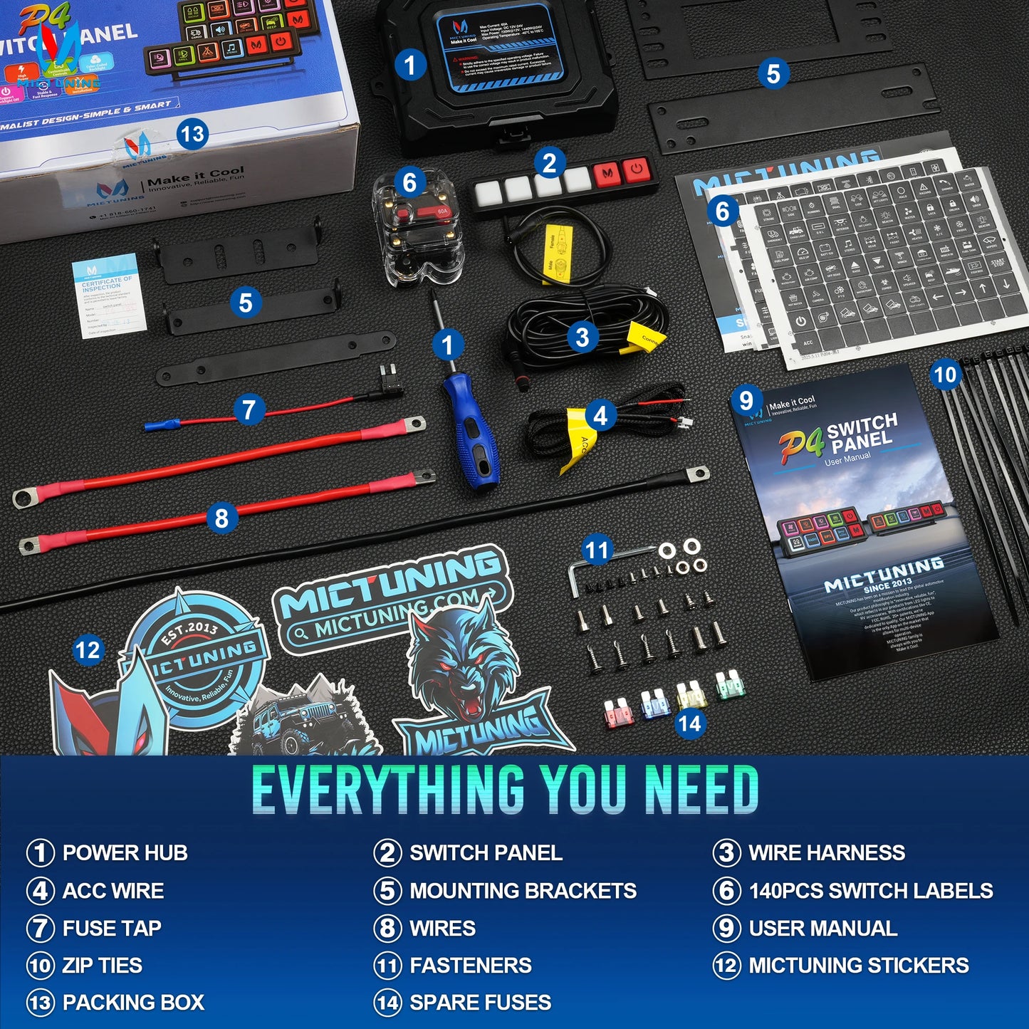 MICTUNING P4 Neon Switch Panel,Color-Coded Backlit Silicone Buttons,Universal Relay Control System Box For Car Pickup Truck UTV