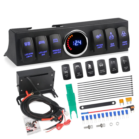 6 Gang Switch Panel for Jeep Wrangler JK 2007-2018 Switch Control System Box Wiring Harness Kit Voltage Meter Digital Display