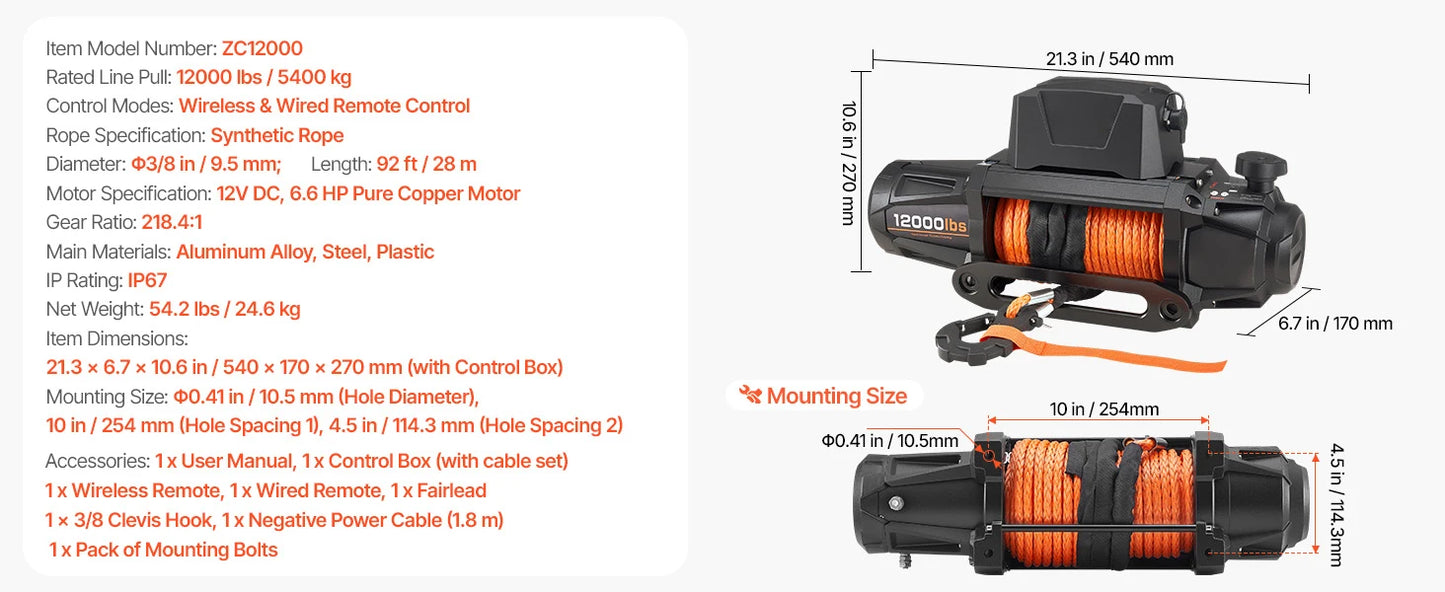 SucceBuy 10000/12000/13500 lbs Electric Winch 12V DC Truck Car Winch with 90 ft Synthetic Rope for Towing Off-Road SUV Jeep