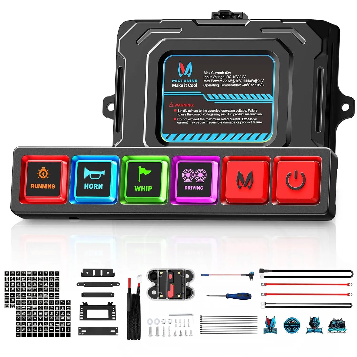MICTUNING P4 Neon Switch Panel,Color-Coded Backlit Silicone Buttons,Universal Relay Control System Box For Car Pickup Truck UTV