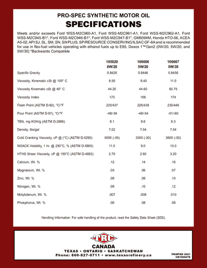 PRO-SPEC® 0W/20 SYNTHETIC MOTOR OIL