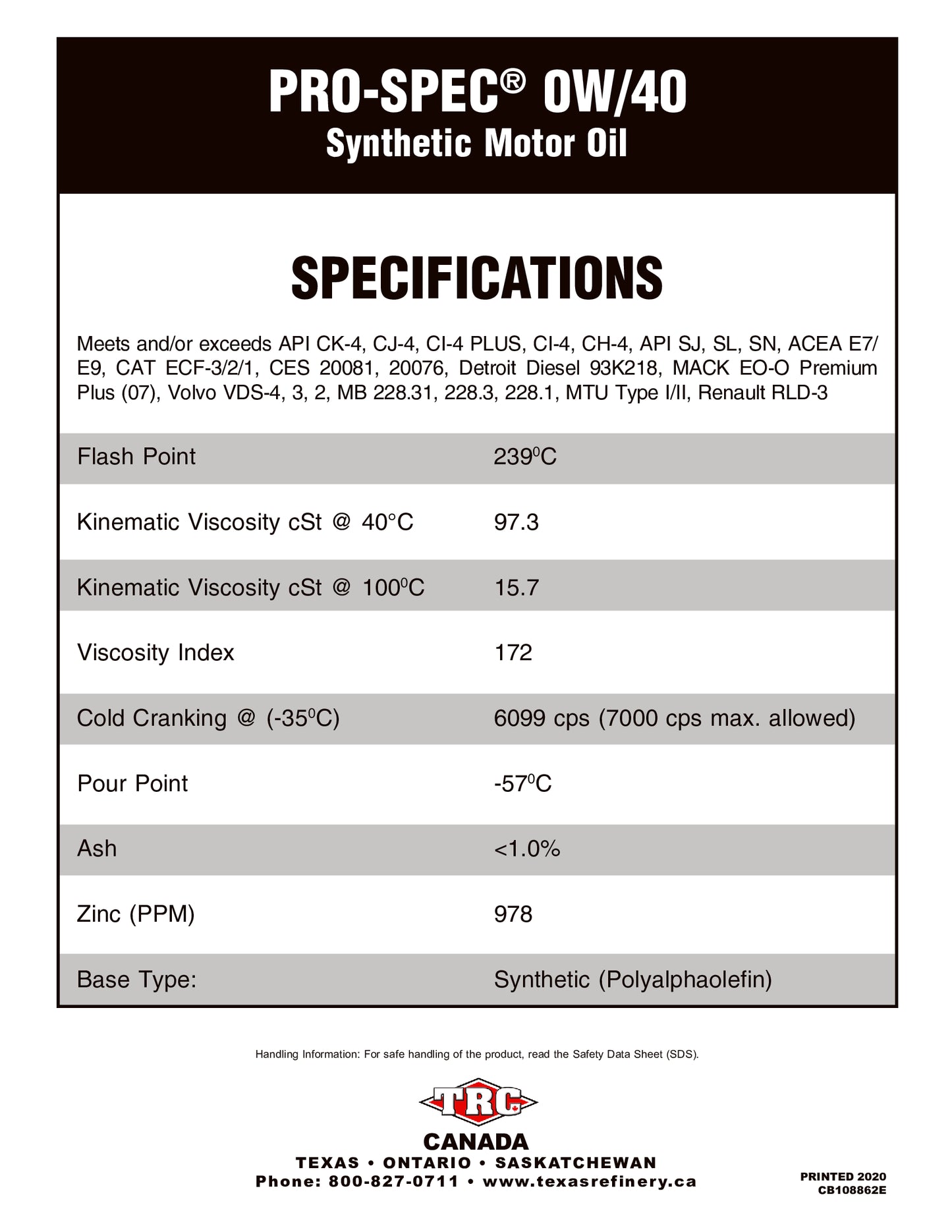 PRO-SPEC® 0W/40 SYNTHETIC MOTOR OIL