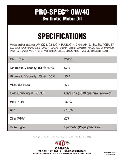 PRO-SPEC® 0W/40 SYNTHETIC MOTOR OIL