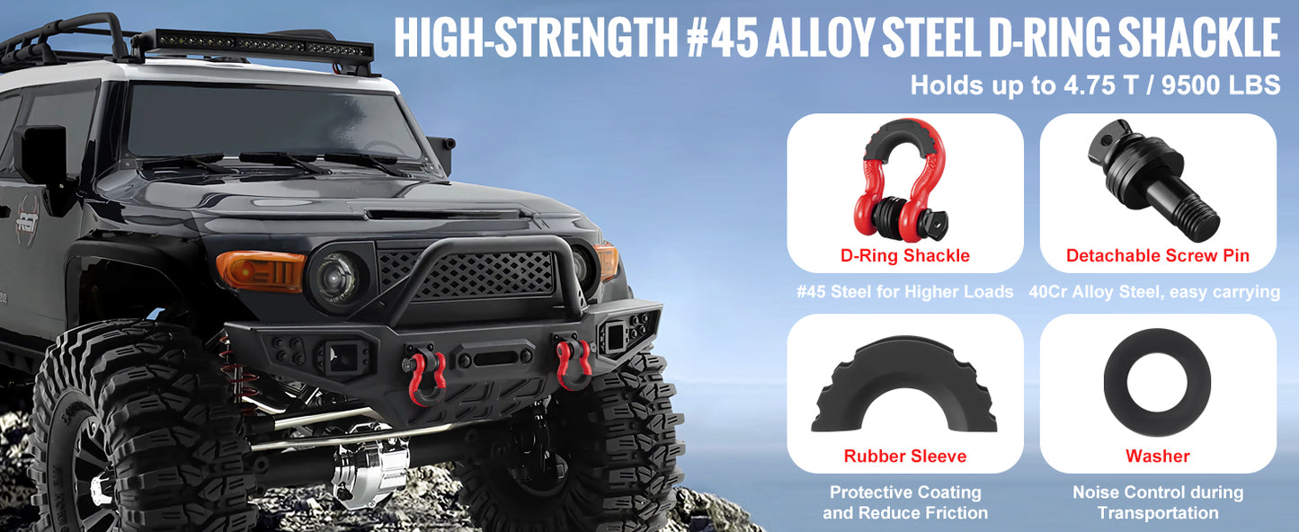 SucceBuy 2Pcs 3/4" D-Ring Shackle 62832lb Break Strength Bow Shackles with Isolator & Washers for Jeep Off-Road Vehicle Recovery