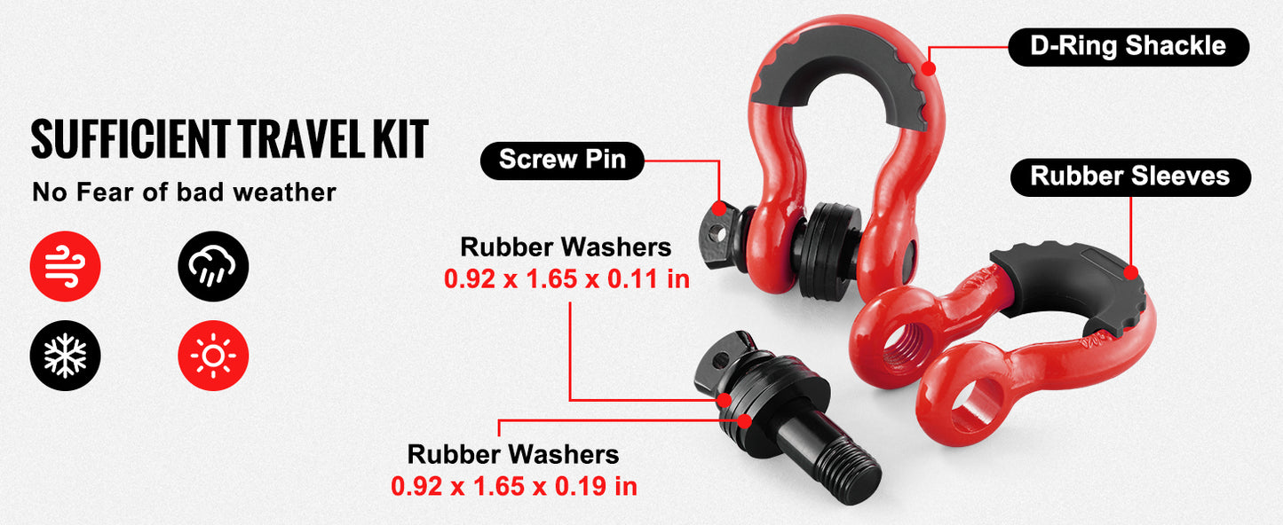 SucceBuy 2Pcs 3/4" D-Ring Shackle 62832lb Break Strength Bow Shackles with Isolator & Washers for Jeep Off-Road Vehicle Recovery